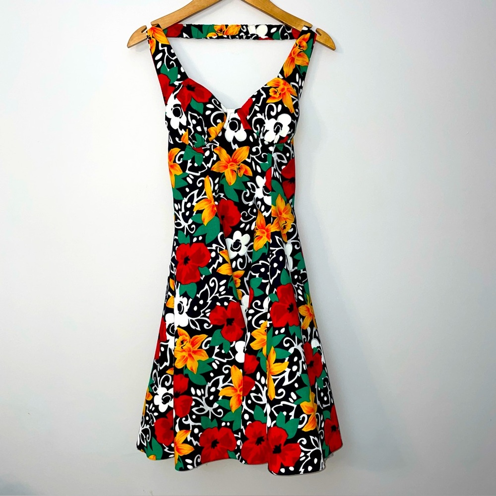 80’s Dance Dress DBA LA Halter Small Rockabilly Party Twirl Vibrant Floral Vtg